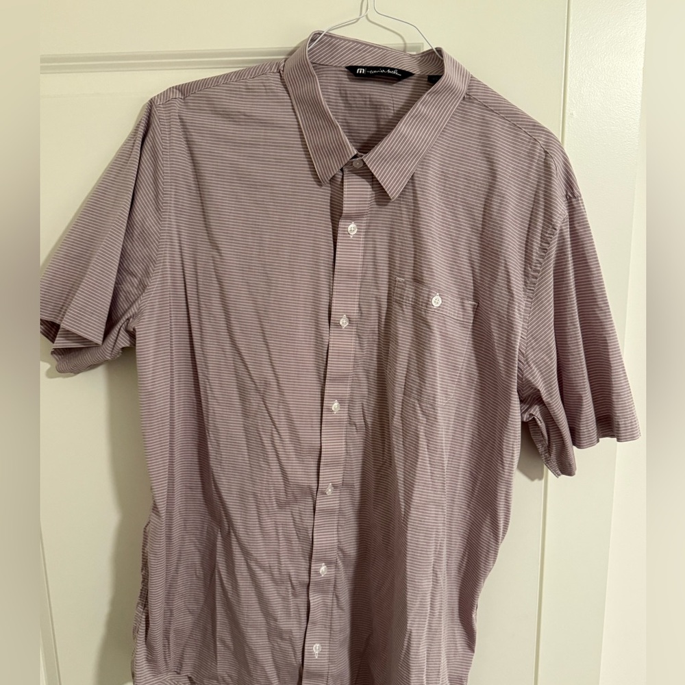 Mens Travis Mathew Short Sleeve Button Down - Purple/Grey White Striped - XXL